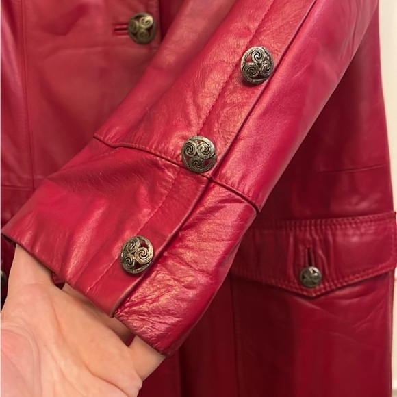 VINTAGE Y2K Women's Red genuine Leather Trench Coat mid length size M - Picture 2 of 11